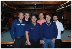 Im Foto die Top 4 v.l.: Christian Reimering, Klaus Hebestreit, Mario He, Andreas Roschkowski, Peter Flicker (Organisator) und Sebastian Spohn (Turnierleiter).